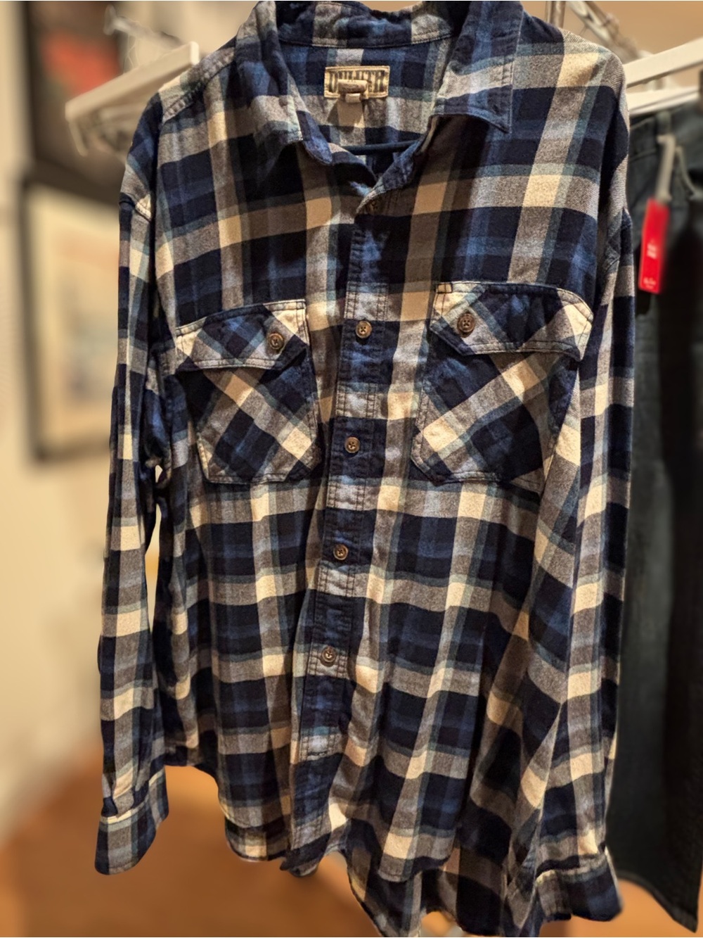 Duluth Trading Co Blue and White Plaid Flannel Button-Up